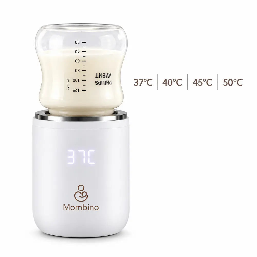 Mombino HeatGo flaskevarmer med temperaturvalg på 37, 40, 45 og 50 °C