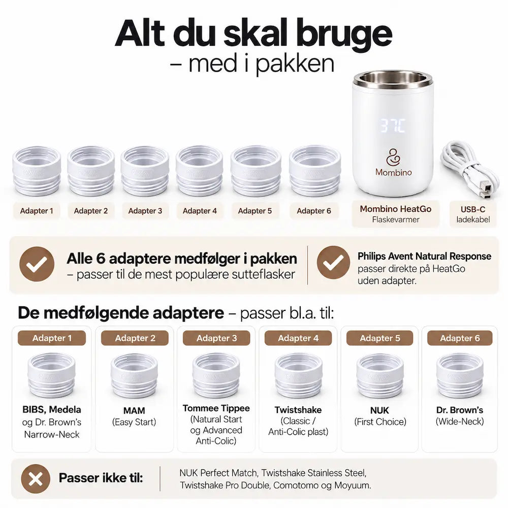Mombino HeatGo flaskevarmer med 6 adaptere og USB-C ladekabel
