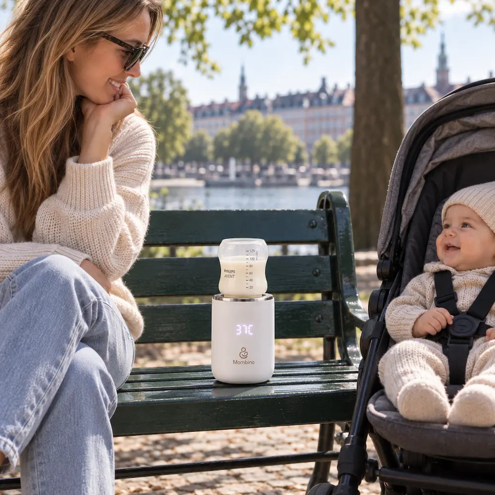 Mombino HeatGo bærbar flaskevarmer på tur med mor og baby i klapvogn