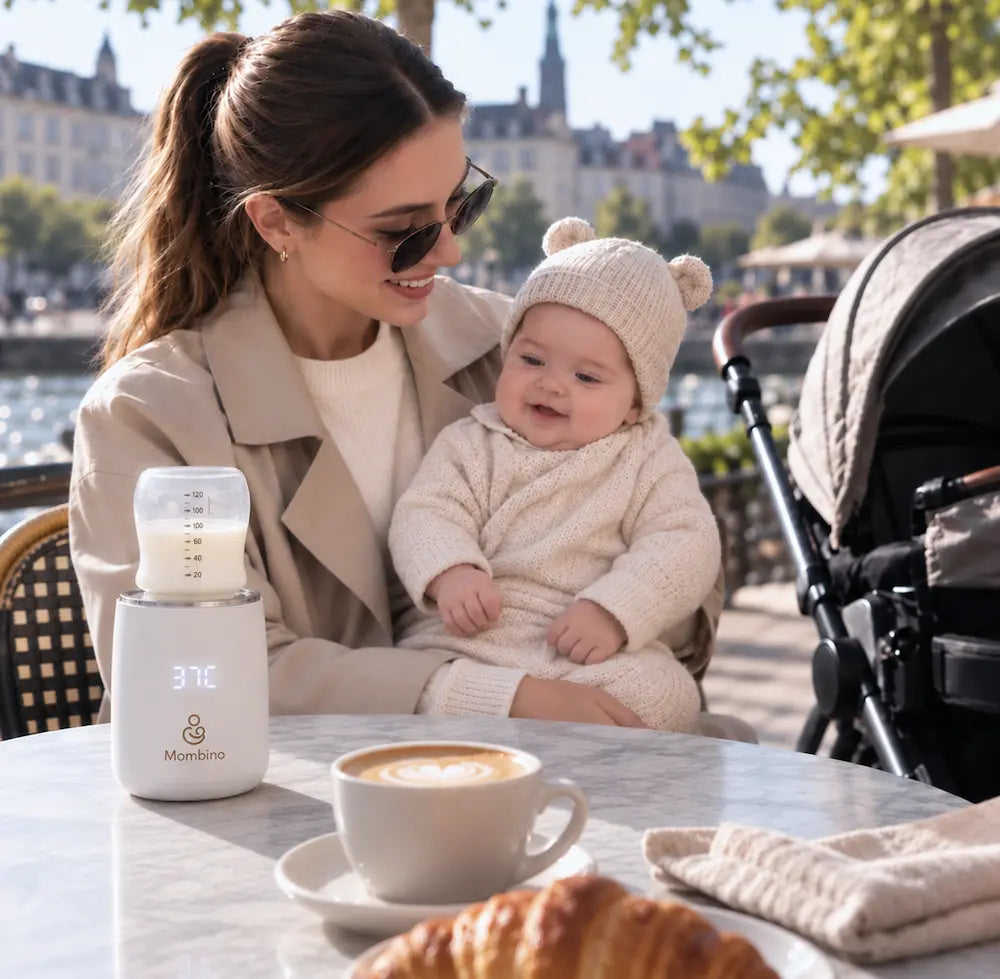 Mombino HeatGo bærbar flaskevarmer på café med mor og baby